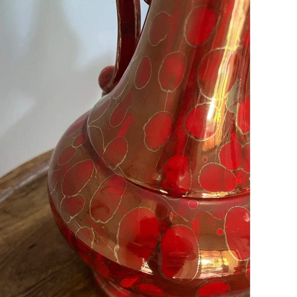 Vintage‎ Bold Red and Gold Vase Pitcher Ewer 1981 MCM vibe signd